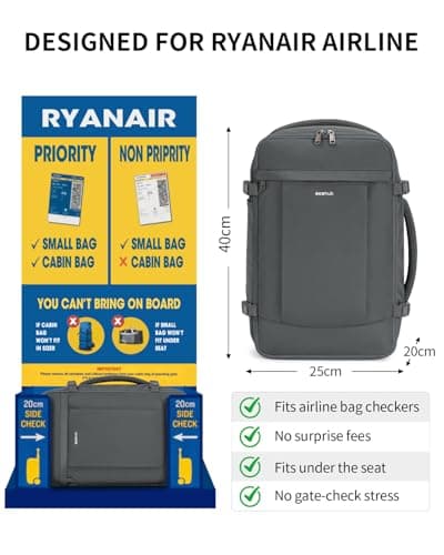 ECOHUB Ryanair Cabin Bags 40x20x25，20L Anti-theft Underseat Carry On Travel Backpack, Recycled Hand Luggage Bag with Laptop Compartment,Flight Rucksack bag for men women, Grey (Patent Pending) — view 2