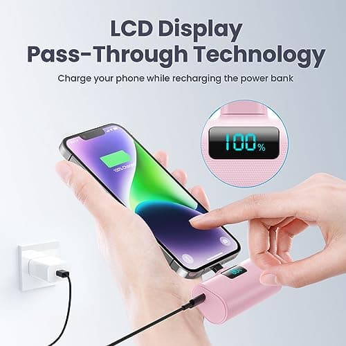HETP Mini Power Bank 5200mAh, 20W PD Fast Charging Portable Charger, LCD Display Battery Pack, Ultra-Compact Powerbank Compatible with iPhone 14/14 Pro Max/13/13 Pro Max/12/11/XR/X/8, etc Pink — view 5