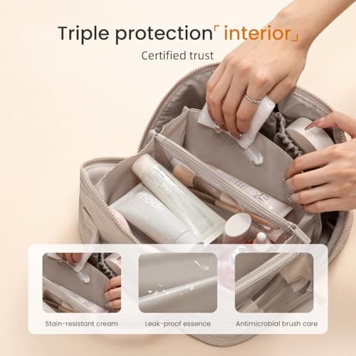 LOVEVOOK Travel Makeup Bag, Flat Lay Make Up Pouch Womens, Large 2Pcs Set Cosmetic Organiser with Compartments, Waterproof Puffer Toiletry Bag with Handle & Divider, Portable Gift for Her, Khaki — view 3