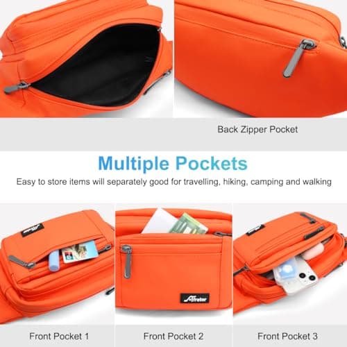 REETEE Waterproof bumbags for Ladies Men Fashion Bum Bag with Adjustable Belt and 5 Zipper Pockets Large Capacity Fanny Pack Waist Bag for Outdoors, Sport, Hiking, Travel (A-Orange) — view 4
