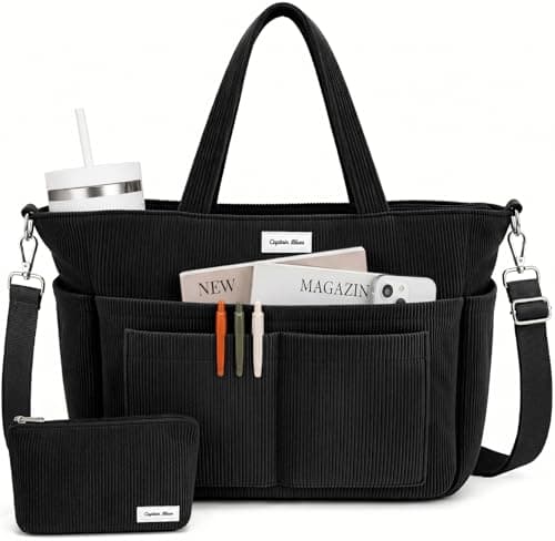 Captain Blues Corduroy Tote Bag for Women with Zip, Large Capacity Work Bag with 14 Pockets & Compartments, Adjustable Shoulder Strap, Ideal for School, Travel, College & Teachers (Black)