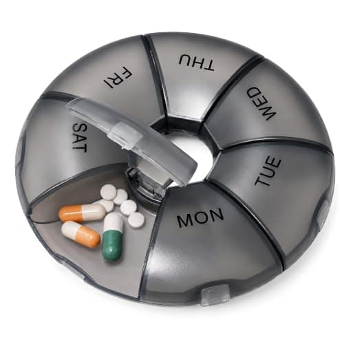 Weekly Pill Box 7 Day Organiser, Round Travel Pill Box with Daily Compartments, Portable Tablet Organiser Medicine Box for Vitamins, Supplements, Medication, Compact Pill Case with Snap Lid (Black)