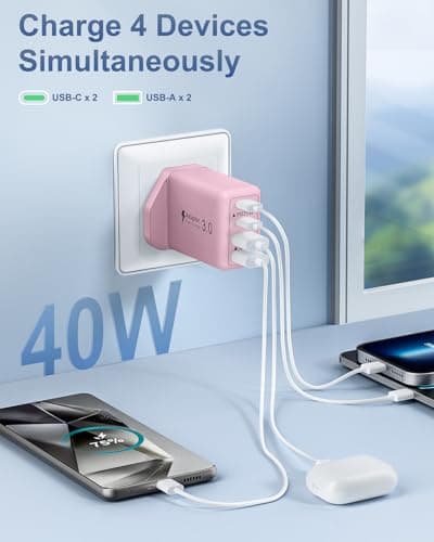 Saqykan 2-Pack 40W 4-Port Multi USB Plug UK Fast Charger Dual PD Power Adapter +QC Multiport Wall Charge Head Type C Fast Charging Plug for iPhone 17 16 15 14 13 12 11 Pro Max Plus, iPad — view 3
