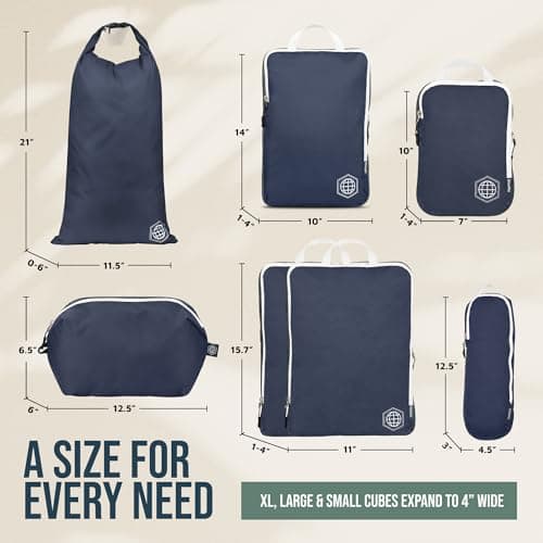 Extra Large Compression Packing Cubes for Travel-Extra Large Packaging Cube Luggage Organizers 7 Piece Set-Ultralight, Expandable/Compression Bags for Clothes (Navy/White)) — view 4