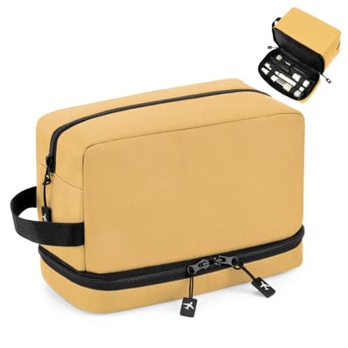 GNEGNI LIFE Toiletry Bag for Men, Water-Resistant 600D Travel Wash Bag with 2 Layer Compartments, Toiletry Shaving Dopp Kit with Elastic Slots, Shower Cosmetic Bag for Travel Accessories (Khaki)