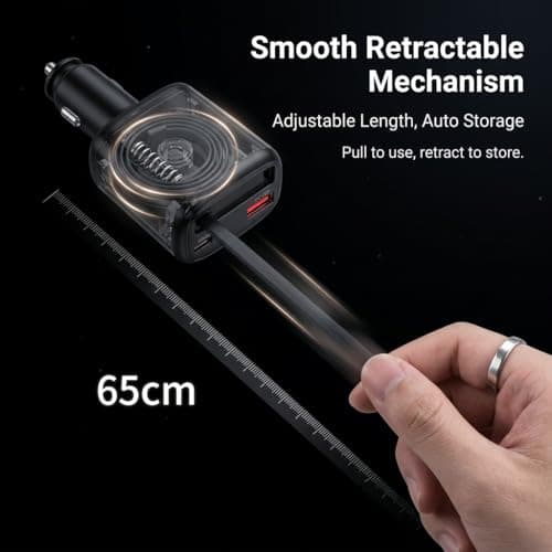 HOWDCHENG 78W Retractable Car Charger, USB-C Car Charger with Cable, Cigarette Lighter Splitter, Voltage Display. Car Accessories for Men Women, for iPhone 17 16 15 14 13,Galaxy, Pixel — view 3