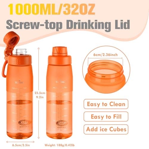 GOPPUS 1L/32oz Clear Tritan Water Bottle with Screw Lid, Drinks Bottle with Wide Mouth, Fruit Infuser, Leakproof, BPA Free, Carry Handle, Measurement Markings, Dust Cap (Orange) — view 2
