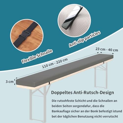 Outdoor Beer Table Bench Cushs 200/180/220/150/110 cm Waterproof & Non-Slip Seat Pad with er & Buckle for Festival Tents 8 Pack 110x23x3 cm — view 4