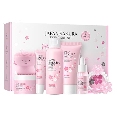 Japan Sakura kin Care Sets & Kits 8PCS-Facial Kit with Cleanser, Toner, Serum,Eye Cream,Face Moisturizer,Face Brush&Hair Clips - Hydrating Travel Beauty Gift Set for Women Teen Girls Mom (Sakura-8PCS)