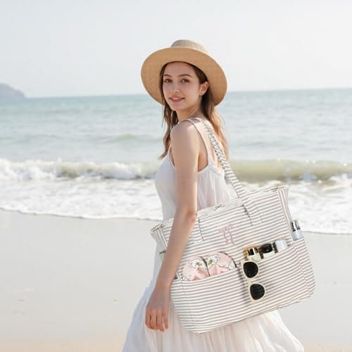 Bluboon Beach Bags for Women, Large Waterproof Tote Bag With Wet Compartment for Pool Weekender Travel Gym, Brown Striped Bow, XL, Casual Sporty Tote — view 2
