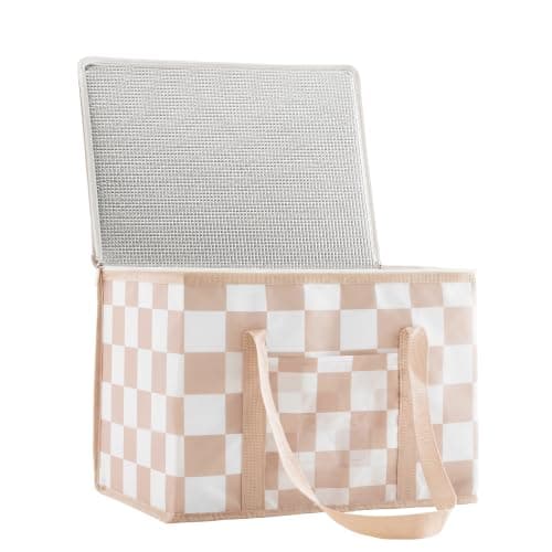 Ohocut Checkered Cooler Bag, Large 40L Foldable Insulated Grocery Shopping Bag, Checkerboard Cool Insulated Food Delivery Bag for Picnic, Camping, Travel (Beige)
