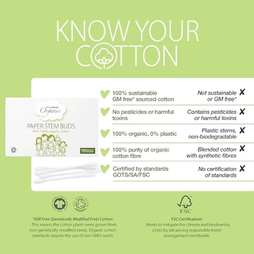 Simply Gentle Organic, Cotton Buds - 100% Organic Cotton & FSC Paper Stems - for Cleaning Delicate Areas Around Eyes and Outer Ears - Eco Friendly & Biodegradable - 200 Buds — view 4