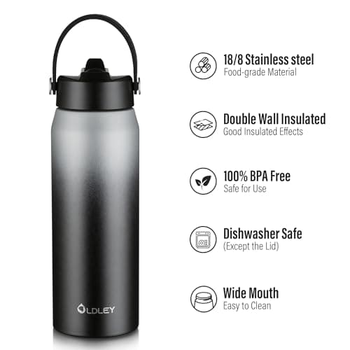 OLDLEY 750ml Insulated Water Bottle with Straw, Stainless Steel Water Bottles with Handle, Leakproof BPA Free Vacuum Metal Flask Keep Hot and Cold for Sports, Travel, Hiking (Grey-Black) — view 5