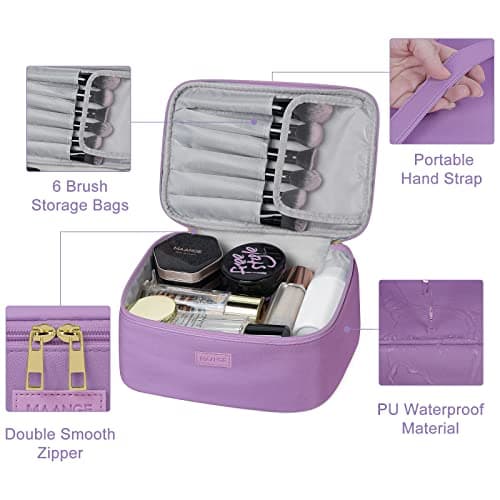 MAANGE 3 Pcs Makeup Bag(L+M+S) Travel Cosmetic Bags with Brush Compartment PU Leather Small Makeup Bag Portable Make Up Bag Versatile Zipper Makeup Pouch for Women, Purple — view 5