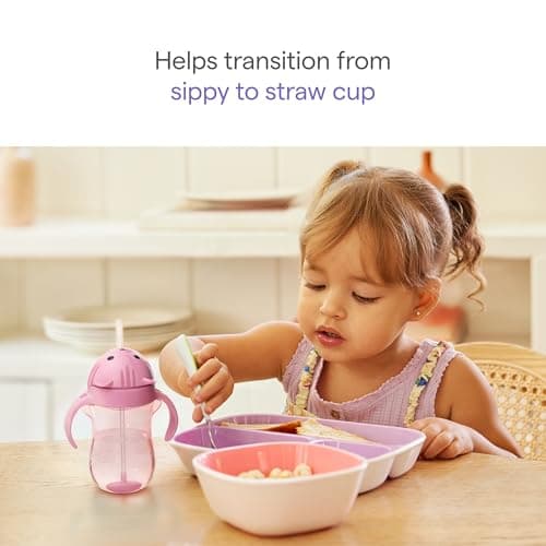 Munchkin Any Angle Spill Proof Weighted Straw Trainer Cup | Transition Sippy Cups for Toddlers and Babies | Click Lock Technology & Fun Animal Design | Baby led Weaning | 296ml | Cat — view 3