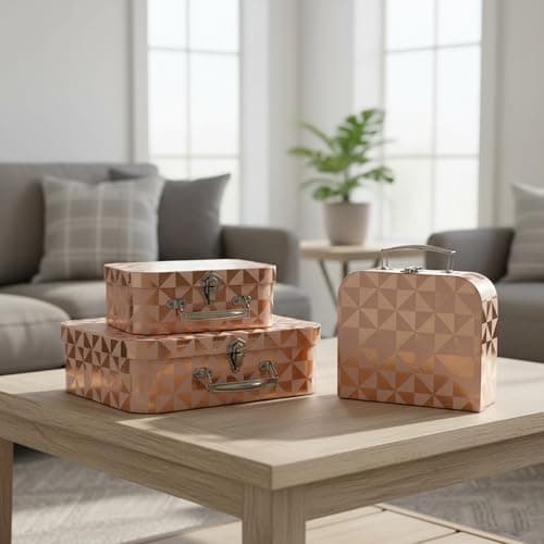 Emartbuy Rose Gold Foil Suitcase Gift Boxes Set of 3 – Prebuilt Decorative Cardboard with Metal Handle & Clasp – Organizer for Events, Hampers & Gifting – 30.2×21.9×9.5/25×18.8×8.8/20.2×16×8.2 cm — view 4