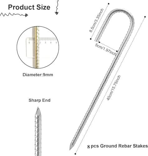 16" Heavy Duty Galvanised Steel Ground Rebar Stakes, Ground Stakes J Hooks Ground Anchors for Marquees, Gazebos, Castles, Tents, Trampolines, Bouncy, Camping, Football Nets(40CM 8 Pack) — view 2