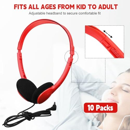 Konohan 10 Pack Headphones Bulk Headphone for School Classroom Student Wired Headphones Adjustable with 3.5 mm Jack for Adults (Red) — view 2