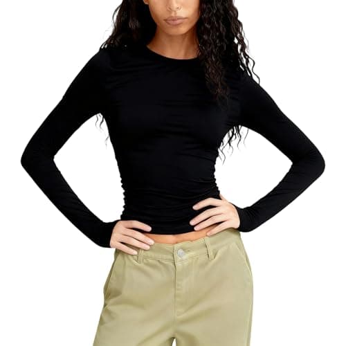 OYIWINMI Womens Long Sleeve Basic Tops Crew Neck Thermal Shirts Stretch Fitted Underscrubs Layer Tee Black XXS-L — view 5