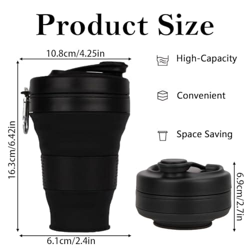 MORAINJAY Collapsible Coffee Cup with Lids,20oz/600ml Black Silicone Portable Reusable Coffee Mug,Foldable Camping Travel Cup Fits in Your Pocket(Collapses to 7cm) — view 2