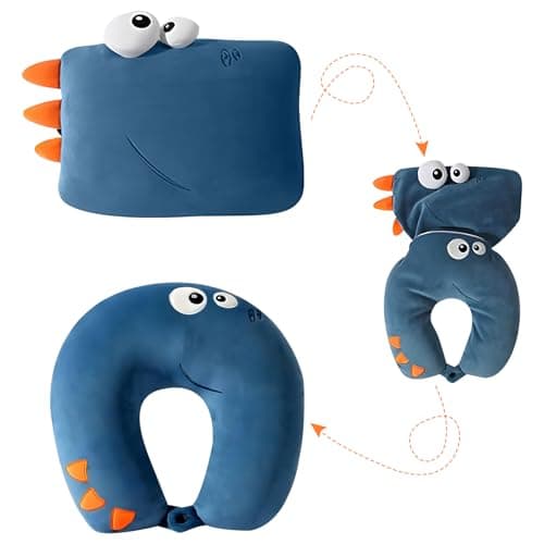 Jicyor Neck Pillow, 2-in-1 Neck Pillow, Aeroplane Travel Pillow, Blue Dinosaur Neck Pillow, Suitable for Children, Boys and Girls, Teenagers, Travel Pillow, Aeroplane