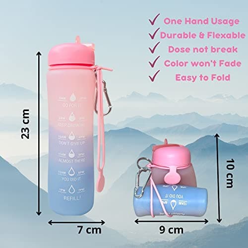 Motivational Water Bottle with Time Markings - 0.6 Litre Foldable Collapsible Gym and Sports Silicone Water Bottle - Running Drinks Bottle For Women, Men, Girls, Boys, Cycling, Hiking, Travel — view 2