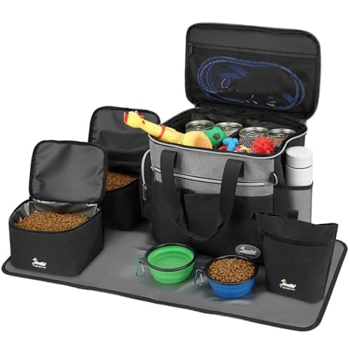 TAIHOYIN Dog Travel Bag for Pet Kit Outdoor with 2 Food Bags + 2 Collapsible Bowls + Feeding Mat + Dog Treat Bum Pouch 7-Piece Set for Pet Accessories Organizer for Traveling Walking Camping, Black