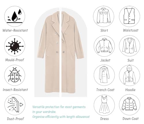 Garment Bags 5pcs PEVA Translucent Clothes Covers with Zip, Moth Proof Waterproof Dustproof Breathable Suit Protector Storage Bags for Clothes 60x100cm.(White) — view 3