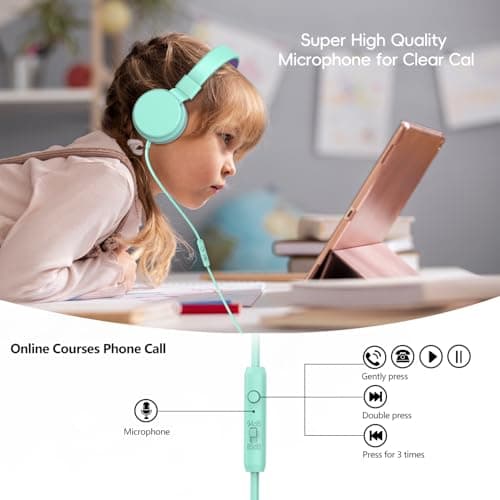 Kids Headphones Wired,On-Ear Wired Headphones for School,Safe Volume Limited 85/94dB,HD Mic Stereo Sound Girls Boys Wired Headphone for Kids,Foldable Headset for Travel Computer Plane Tablet (Green) — view 4