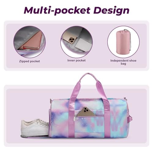 Flintronic Small Gym Bag for Girls Kids, Sports Duffel Bag for Gym, Gym Bag with Adjustable Shoulder Straps, Women's Fitness Bag with Shoe Compartment & Wet Pocket for Gym Swim Dance (Purple) — view 5