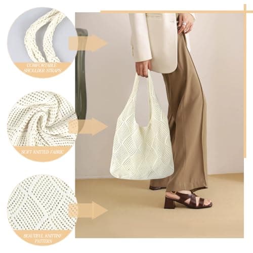 GLGHMH Crochet Mesh Beach Tote Bag, Beige Knit Boho Shoulder Hollow Bag, Women Holiday Shoulder Bag for Travel Shopping Vacation Beach Work — view 4