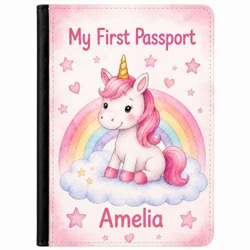 Speaking of Gifts Personalised Kids First Passport Holder – Unicorn & Rainbow Custom Name Passport Cover | Gift for Daughter, Niece, Granddaughter | First Holiday, Birthday
