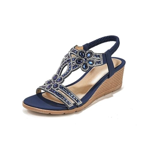 Women's Bohemian Rhinestone Wide Fit Wedge Sandals T Strap Dress Shoes Elastic Heel Strap Soft Insole Flats Non Slip Open Toe Comfortable Walking Sliders,Navy, Size 6 — view 3