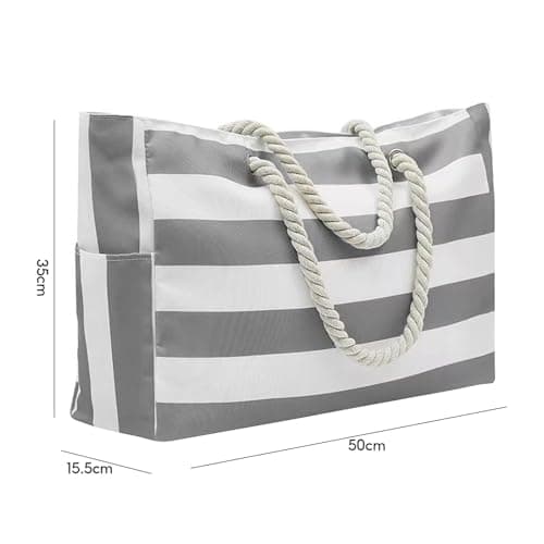 Megcdtr Large Beach Bag, Stripe Tote Bag with Zip(Grey and White) — view 4