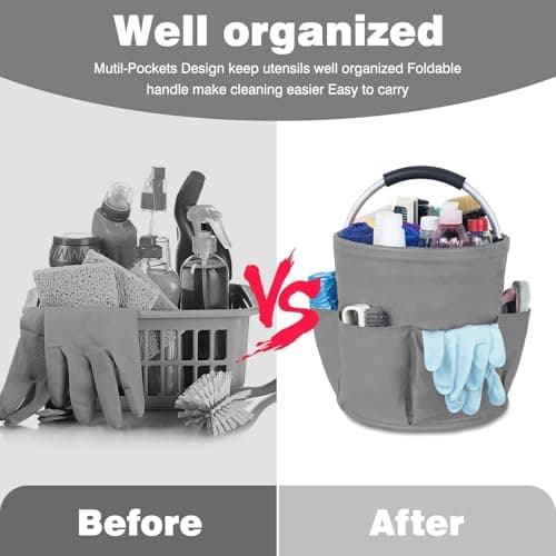 Esteopt Cleaning Caddy with Handle,Tool Bag with Handle,Cleaning Caddy Organiser,17L Bucket Tool Organizer Bag,Collapsible Garden Small Tools Bag,cleaning hamper basket,Multi pocket Craft (Grey) — view 4