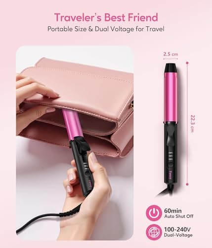 FARERY Dual Voltage Mini Curling Tongs, 25mm Mini Ceramic Curling Iron for Short & Long Hair, Travel Size Curling Wand with 3 Adjustable Temp, Keratin & Argan Oil Infused Barrel, with Storage Bag — view 2