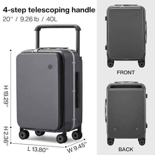 mixi Checked Luggage Wide Handle Suitcase,Front Opening PC Hard Shell Travel Case with Aluminium Frame,Quiet Spinner Wheels,Laptop Compartment,TSA Lock,with Cover,20 inch Rock Grey — view 6