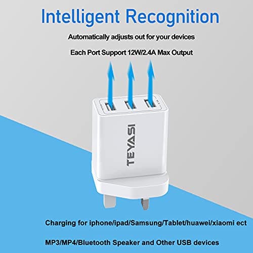 2Pack USB Plug Adaptor UK, Multi USB Charger Plug UK 3Port 3 Pin Wall Charger, Multiple Mains Charge Power Adapter Fast Charging for iPhone 14 13 12 11 10 XS Max XR X 8 7 6 — view 3
