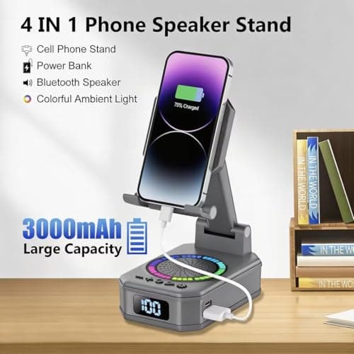 Gifts for Men Women, 4-in-1 Design Phone Stand with Bluetooth Speaker, Grey — view 5