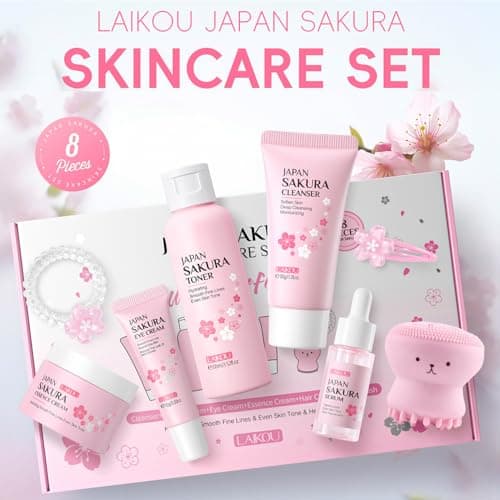 Japan Sakura kin Care Sets & Kits 8PCS-Facial Kit with Cleanser, Toner, Serum,Eye Cream,Face Moisturizer,Face Brush&Hair Clips - Hydrating Travel Beauty Gift Set for Women Teen Girls Mom (Sakura-8PCS) — view 6