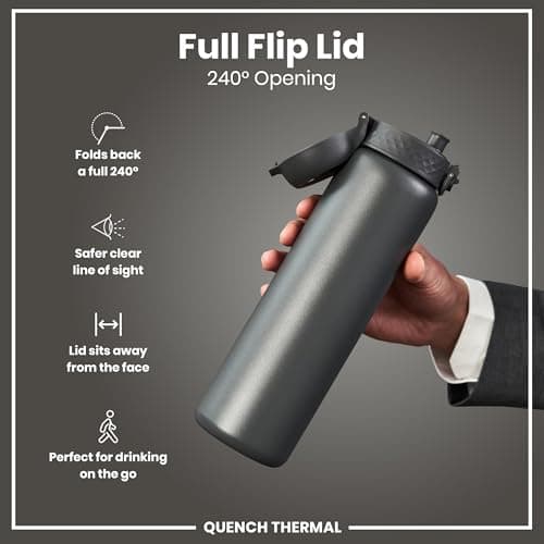 Ion8 Vacuum Insulated Stainless Steel 1 Litre Water Bottle, 920ml, Leak Proof, One-Finger Open, Secure Lock, Carry Handle, Dishwasher Safe, Scratch Resistant, Ideal for Sports and Yoga, Grey — view 4