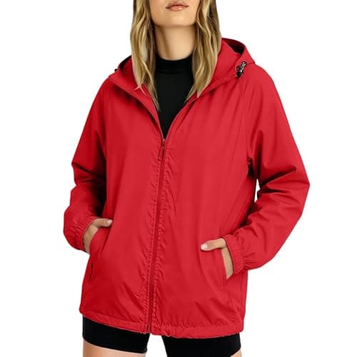 Lightweight Waterproof Jacket Womens Hooded Windbreaker Rain Coat,Outdoor Long Sleeve Softshell Jackets Ladies Sun Protection Full Zip Raincoat for Beach Hiking & Travel Red, M — view 4