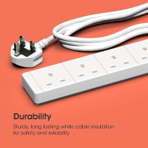 SLx Extension Lead 2m 6 Way Gang Socket 13A UK Plug 3 Pin Mains Power Extension Cord Compact Travel Power Strip White — view 4