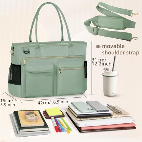 RAINSMORE Laptop Tote Bags for Women 15.6 inch Teacher Bag Large Nurse Utility Bag Computer Messenger Briefcase with Insulated Pocket for Work School Office Business University Mint Green — view 6
