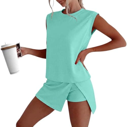 Women's Summer Two Piece Travel Lounge Set, Mineral Wash Cotton Tank Top Paired with Lined Split Athletic Skirt, Comfortable Outfit for Holiday and Leisure Wear(Mint Green, XL)
