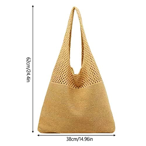 Women Knitted Handbags, Retro Hollow Woven Shoulder Bags, Boho Shoulder Bag, Crochet Mesh Tote Bag, Beach Bag for Women, Travel Shopping Handbag for Holiday, Daily Work, Shopping, Travel Beige — view 2