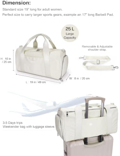 Gym Bag for Women,Pu Leather Handle,Dry Wet Separated with Shoe Compartment & Wet Pocket,Waterproof Duffle Bag for Travel Sports Fitness Workout Athletic (Beige,19"-Medium) — view 2