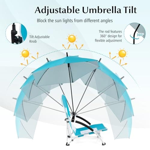 TANGZON Portable Beach Chair, Low Folding Camping Chair with Adjustable & Detachable Umbrella, Umbrella Clamp, Padded Armrests & Carry Bag, Lightweight Outdoor Seat for Picnic Fishing (1, Blue) — view 5