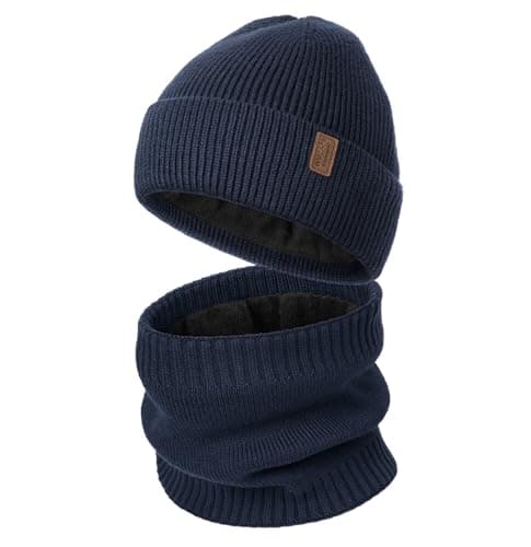 Wmcaps Winter Hat and Scarf Set for Men Women, Fleece Lined Knitted Beanie and Neck Warmer Soft Thermal Warm Accessories for Cold Weather, Unisex Christmas Birthdays Gift (Navy Blue)