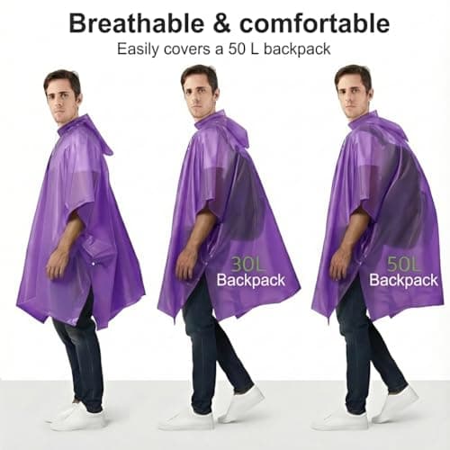 UPSEN Rain Ponchos for Adults, 2 Pcs Reusable Raincoats Coats Jackets Emergency for Women Men with Hood, Purple — view 5